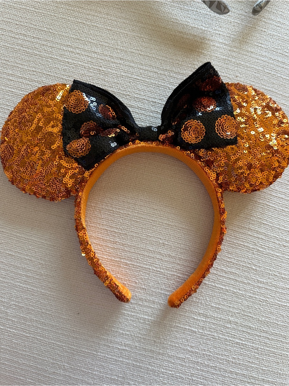 Disney Parks Halloween Sequin Orange Minnie Ears Headband with Black Bow